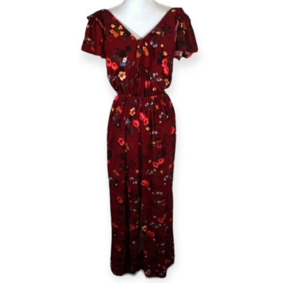 DEREK HEART FLORAL BURGUNDY JUMPSUIT SZ.S EUC - Picture 1 of 4